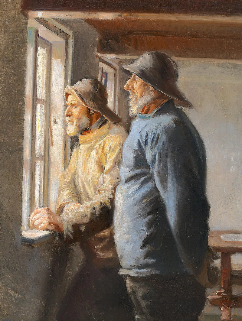Zwei Fischer aus Skagen blicken durch ein Fenster aufs Meer hinaus. – Michael Peter Ancher