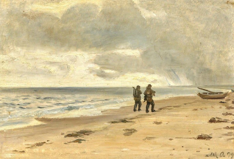 Zwei Fischer am Strand. Grauer Himmel über dem Meer. – Michael Peter Ancher