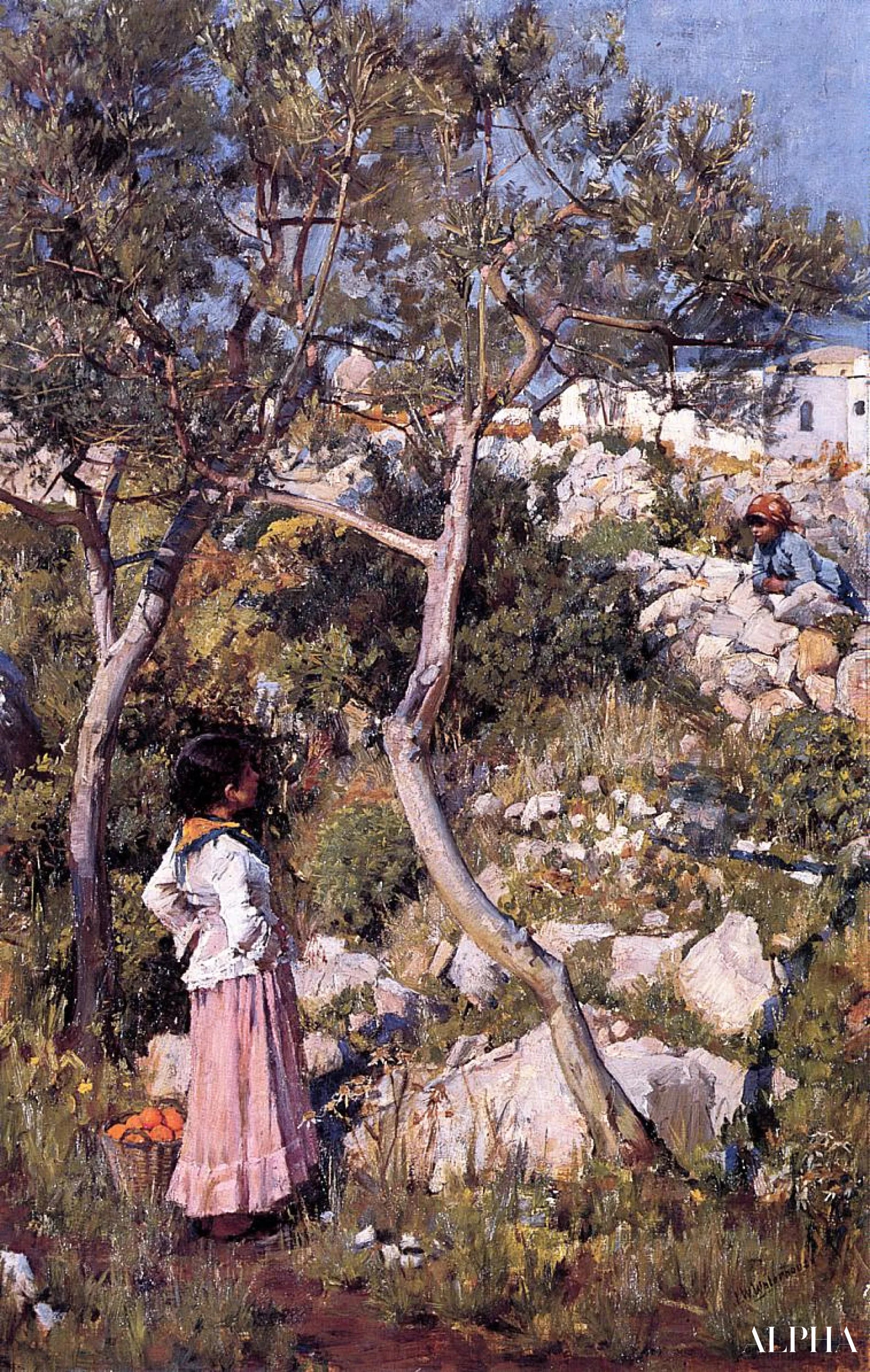Reproduction du tableau « Deux petites filles italiennes près d'un village - John William Waterhouse » par Alpha Reproduction en peinture à l’huile