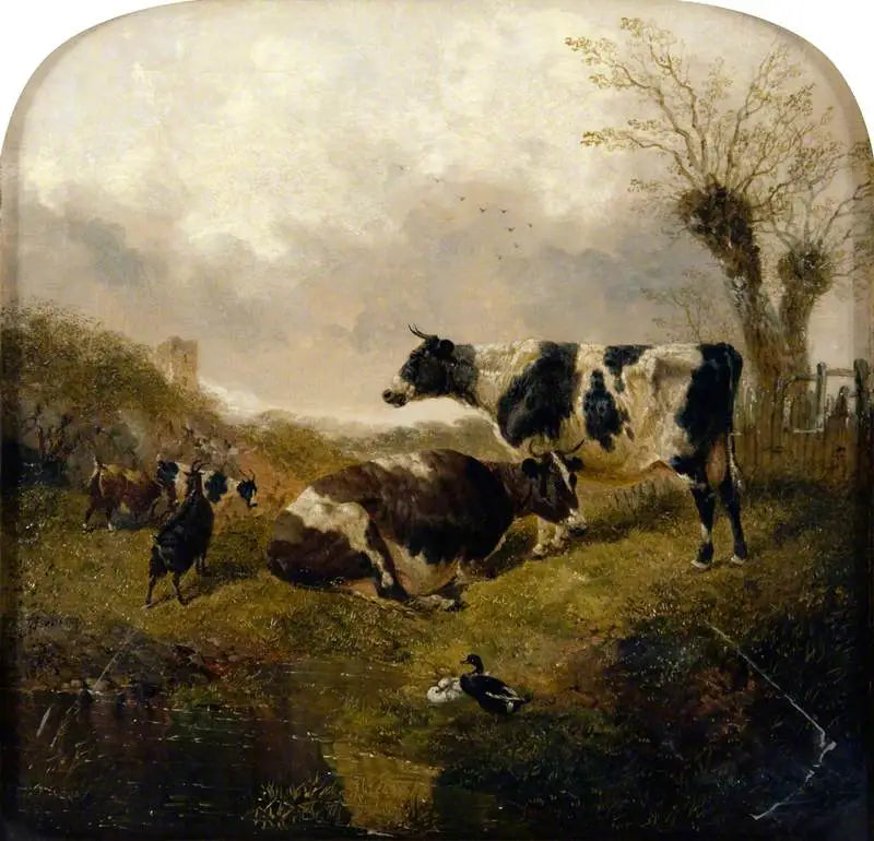 Zwei Kühe mit Ziegen und Enten in einer Landschaft - John Frederick Herring, Sr.