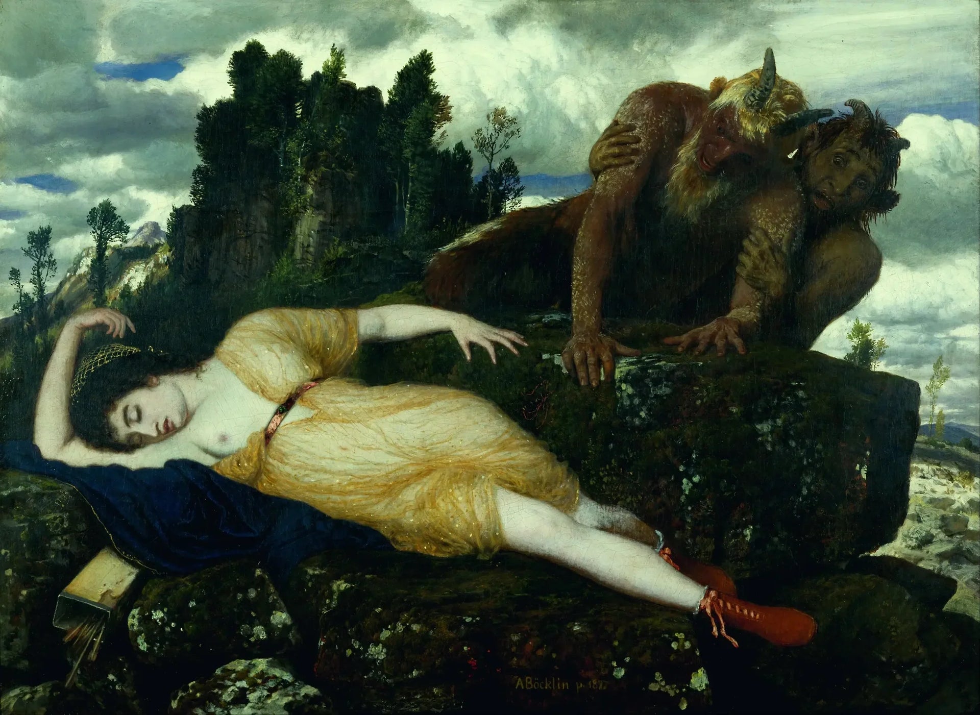 Diane endormie surveillée par deux faunes - Arnold Böcklin image 1 reproduction de peinture à l’huile