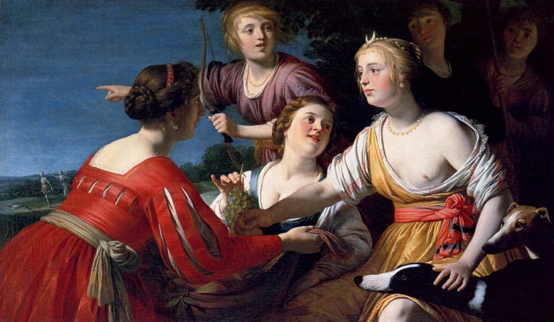 Diane ruhend nach der Jagd, mit Schäferinnen und zwei Windhunden, eine Landschaft im Hintergrund - Gerrit van Honthorst