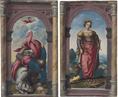 Diptyque Sainte Catherine d'Alexandrie triomphant de l'empereur Maxence ; et La Conversion de saint Paul - Bernard van Orley