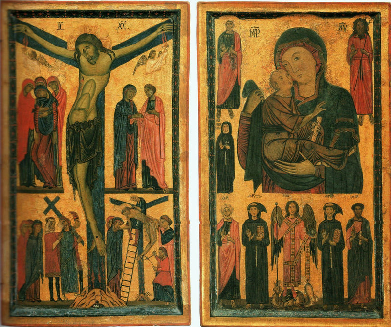 Dittico der Kreuzigung und der Madonna mit Kind und Heiligen - Bonaventura Berlinghieri