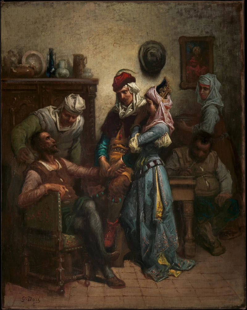 Don Quijote und Sancho Panza unterhalten sich mit Basile und Quiteria - Gustave Doré