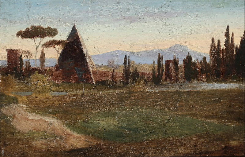 Du protestantische Friedhof in Rom, mit der Pyramide von Cestius und den Bergen im Hintergrund. - H. A. Brendekilde