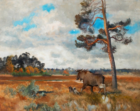 Elch und norwegischer Elchhund in einer Herbstlandschaft - Bruno Liljefors
