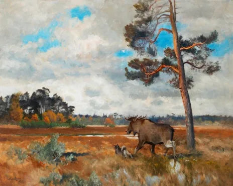 Elch und norwegischer Elchhund in einer Herbstlandschaft - Bruno Liljefors