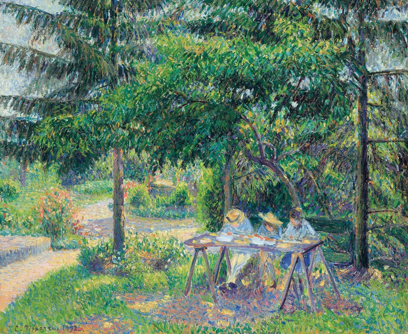 Kinder sitzen an einem Tisch im Garten, Éragny - Camille Pissarro