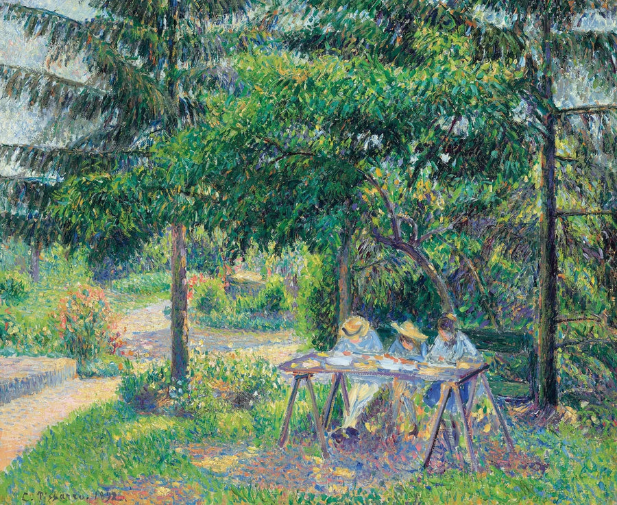 Kinder sitzen an einem Tisch im Garten, Éragny - Camille Pissarro