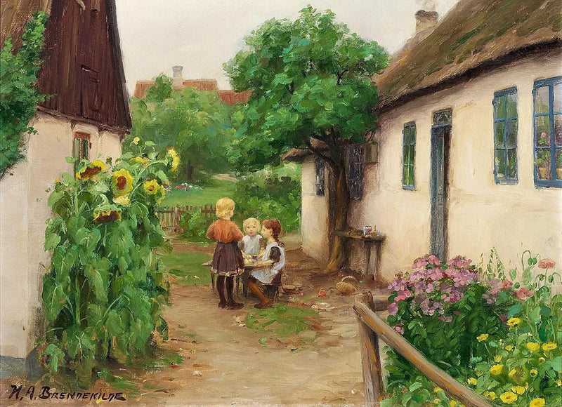 Kinder spielen in der Nähe eines Bauernhofs, links von den blühenden Sonnenblumen. - H. A. Brendekilde