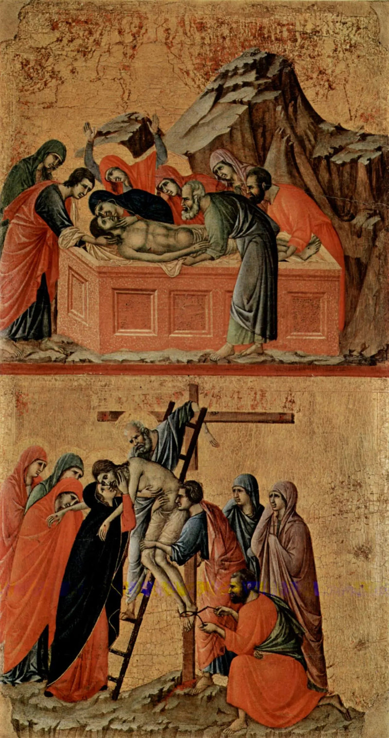 Beerdigung Christi (oben); Kreuzabnahme (unten) - Duccio di Buoninsegna