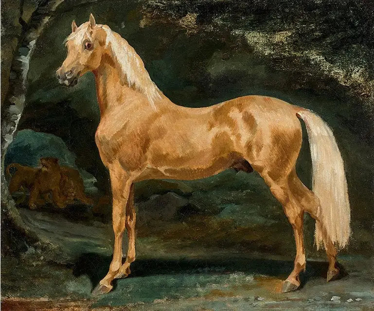 Arabisches Palomino-Pferd, das von zwei Raubtieren erschreckt wird - Théodore Géricault