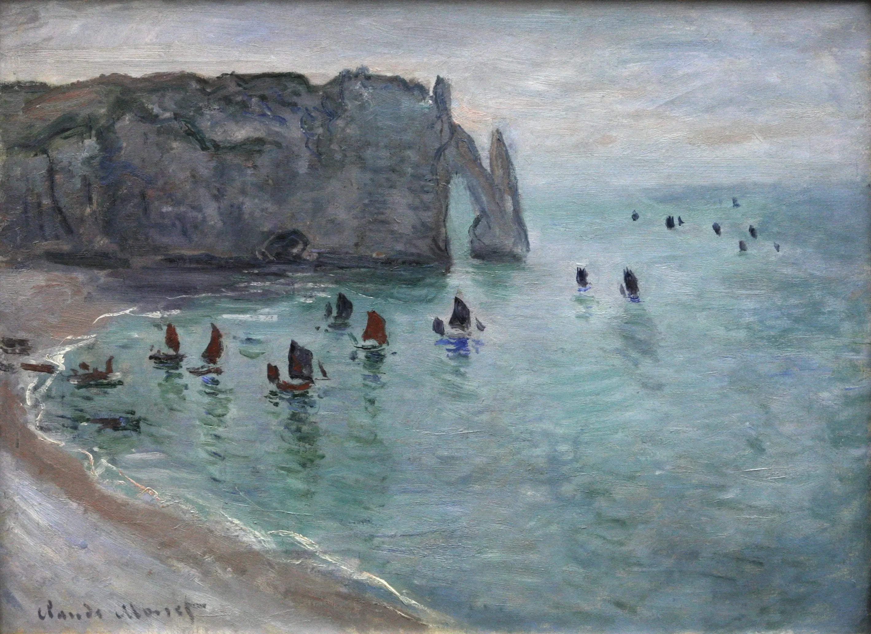 Reproduction du tableau « Étretat, la porte d'Aval : bateaux de pêche sortant du port - Claude Monet » par Alpha Reproduction en peinture à l’huile