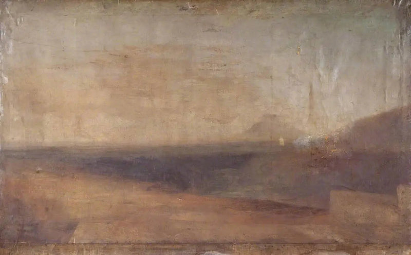 Umfassende Landschaft mit Fluss oder Ästuar und einem fernen Berg - J. M. W. Turner