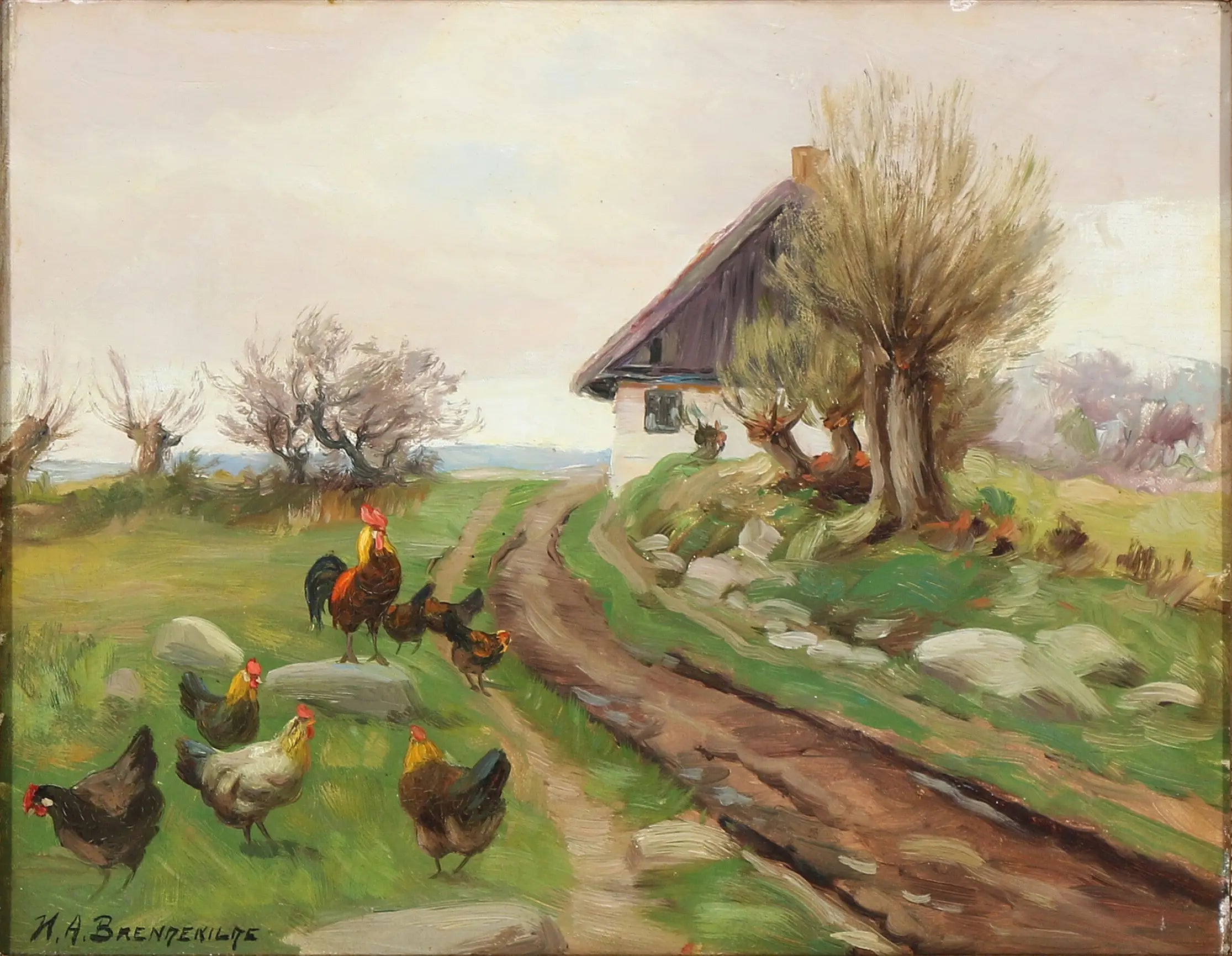 Extérieur de la ferme avec des poules - H. A. Brendekilde image 1 reproduction artisanale de tableau