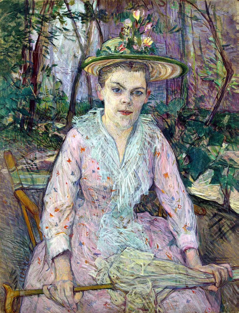 Femme à l'ombrelle, dite Berthe la Sourde, assise dans le jardin de M. Forest - Henri de Toulouse-Lautrec image 1 reproduction d’œuvre d’art à l’huile