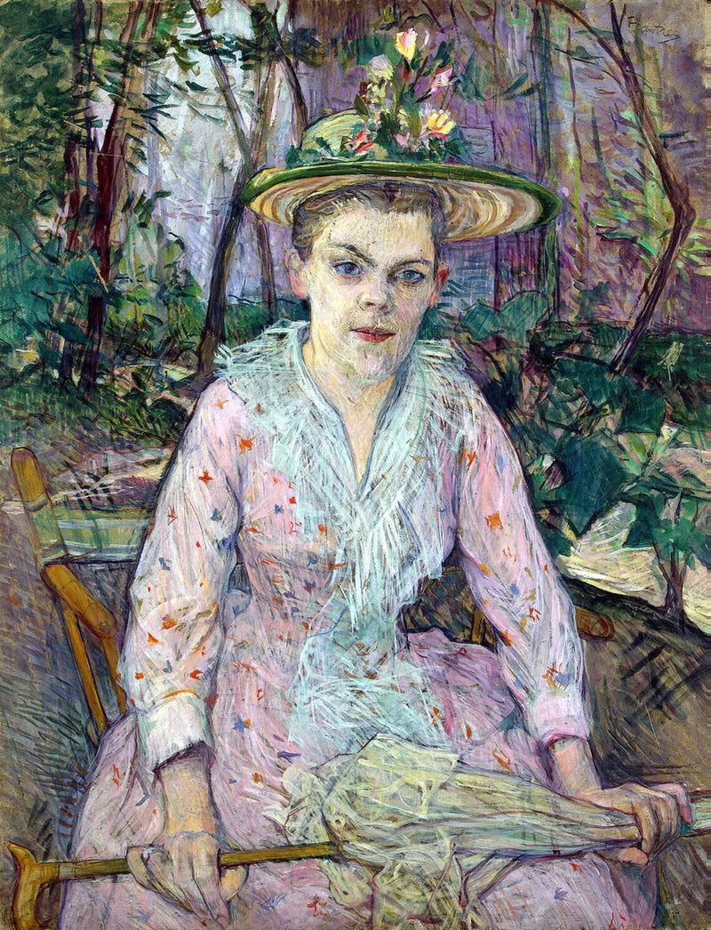 Frau mit Sonnenschirm, genannt Berthe die Taube, sitzt im Garten von M. Forest - Henri de Toulouse-Lautrec