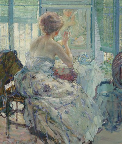Frau bei ihrer Friseurin mit Ohrringen - Richard Edward Miller
