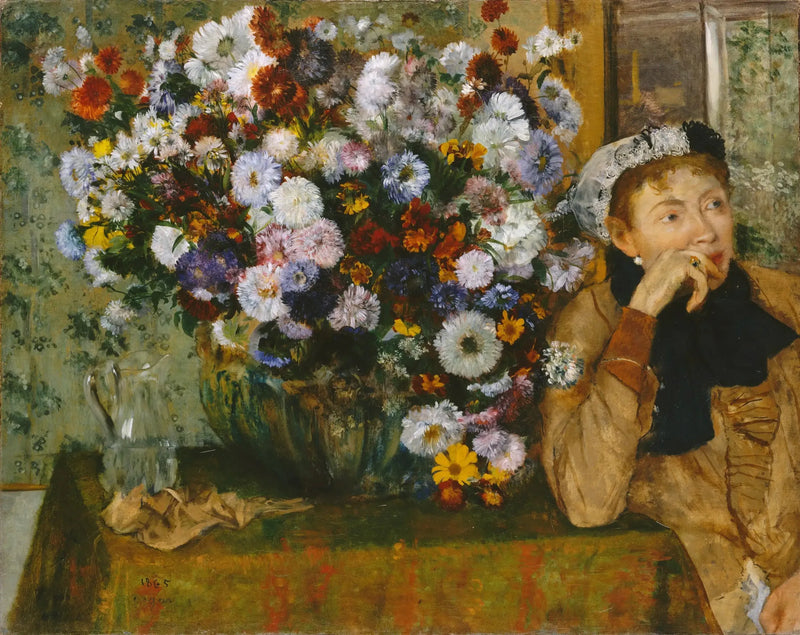 Sitzende Frau neben einer Blumenvase - Edgar Degas