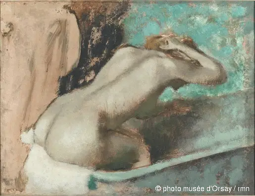 Sitzende Frau am Rand einer Badewanne, die sich den Hals abtrocknet - Edgar Degas