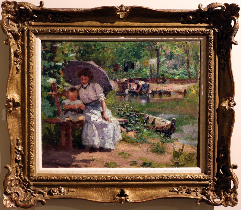 Frau mit Kind sitzend im Wald - Federico Zandomeneghi