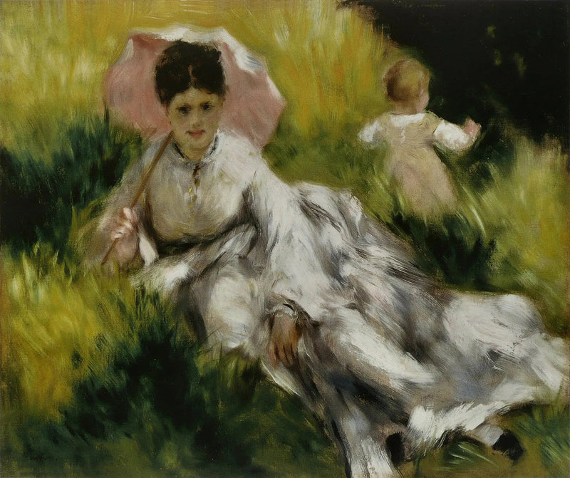 Frau mit einem Sonnenschirm und einem kleinen Kind auf einem sonnigen Hügel - Pierre-Auguste Renoir