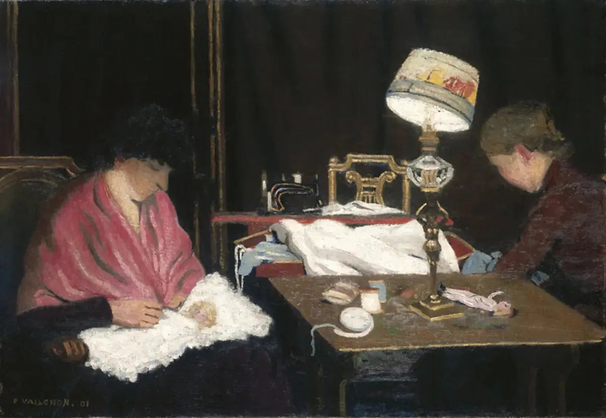 Femme, châle rose, cousin à la lampe - Félix Vallotton image 1 reproduction d’œuvre d’art à l’huile