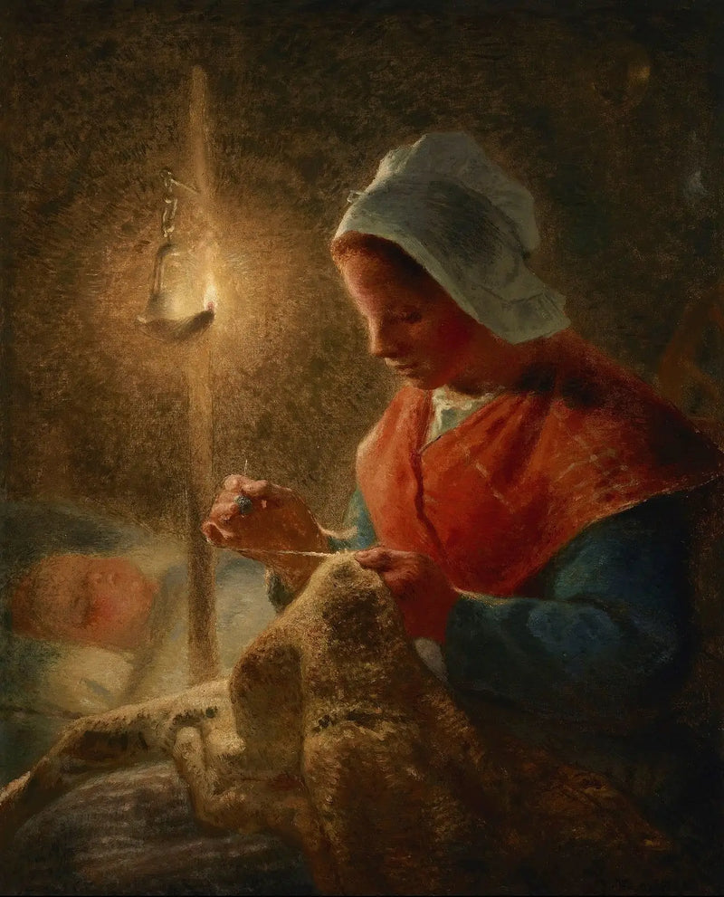 Frau näht im Licht der Lampe - Jean-François Millet