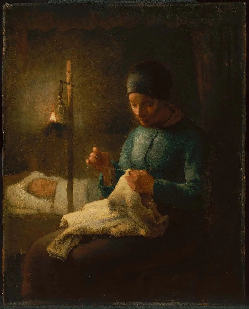 Frau näht neben ihrem schlafenden Kind - Jean-François Millet