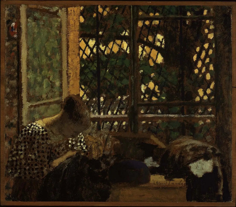 Frau näht vor einem Gartentürchen - Édouard Vuillard