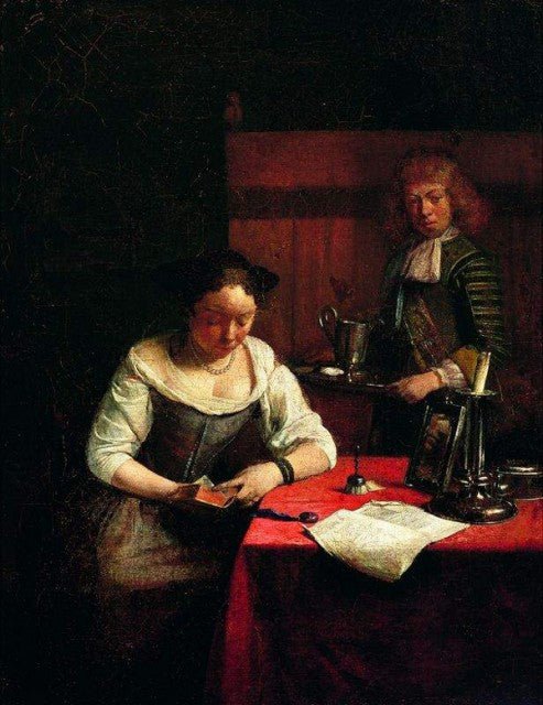Femme de lecture et un jeune homme avec un plateau - Gerard ter Borch image 1 copie de tableau peinte à la main