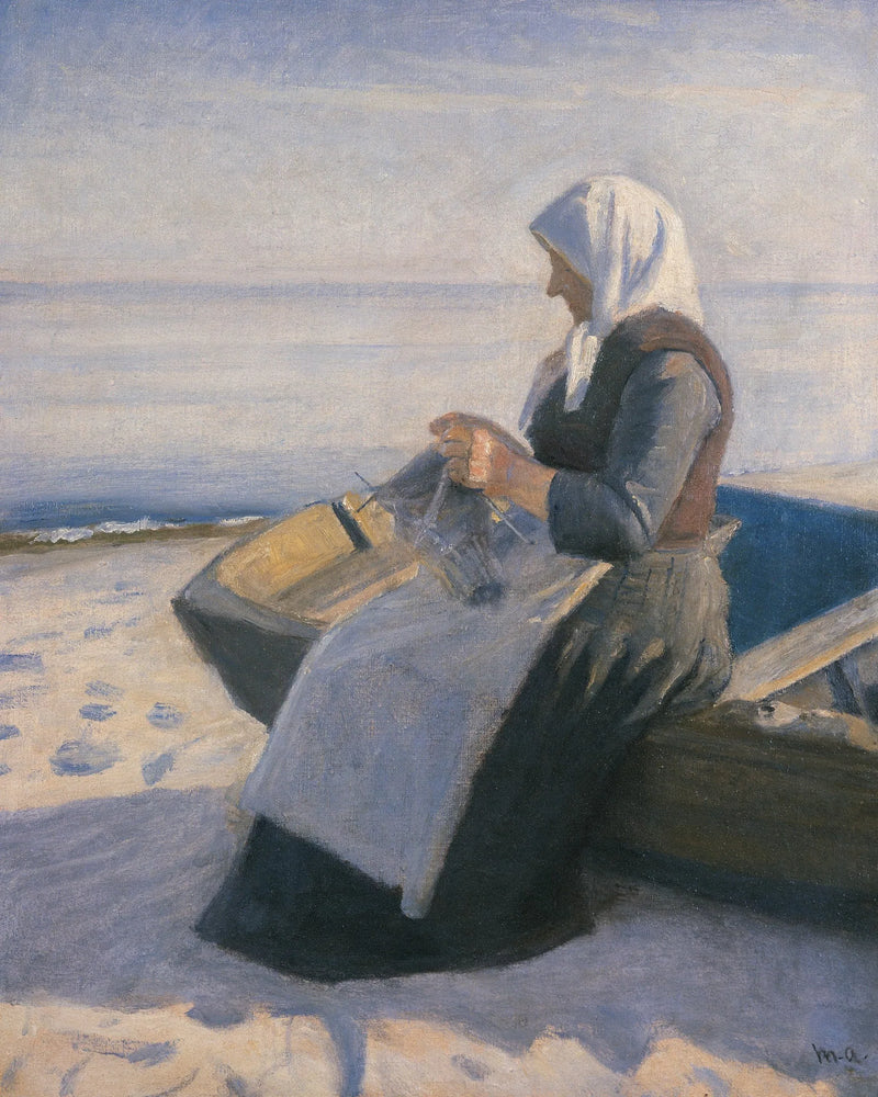 Fischerfrau strickt am Strand von Skagen - Michael Peter Ancher