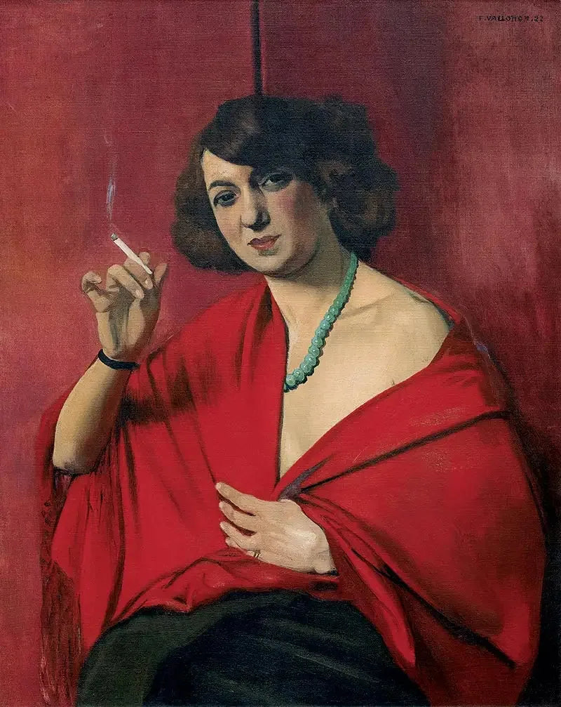 Frau in Rot gehüllt, die eine Zigarette hält - Félix Vallotton