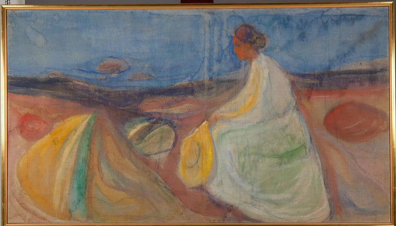 Frau in Weiß, die am Strand sitzt - Edvard Munch