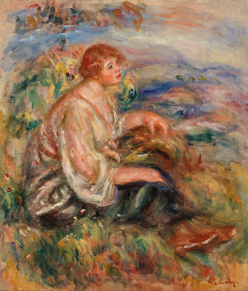 Frau in einer Tüllbluse und einem schwarzen Rock in einer Landschaft - Pierre-Auguste Renoir