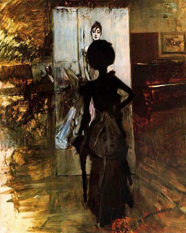 Frau in Schwarz, die das „Weiße Pastell“ beobachtet - Giovanni Boldini