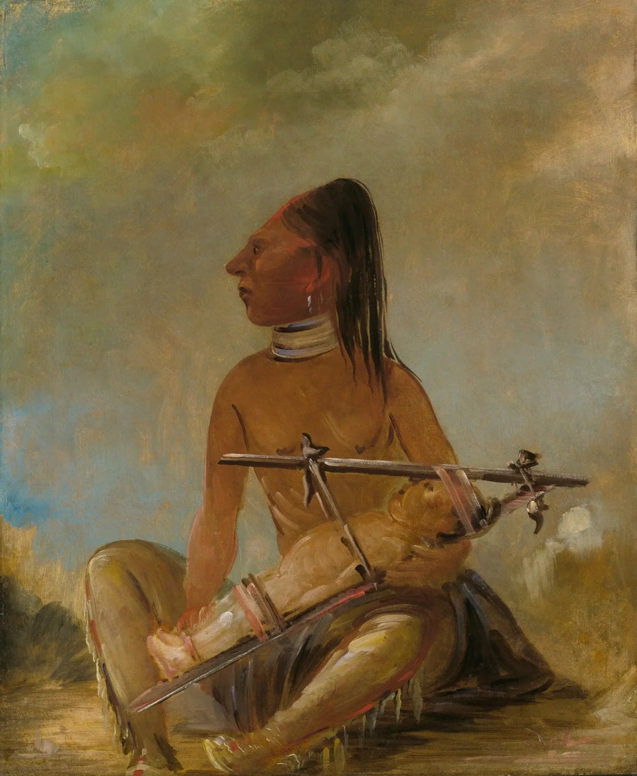 Frau und Kind, die zeigen, wie die Köpfe der Kinder plattgedrückt werden - George Catlin