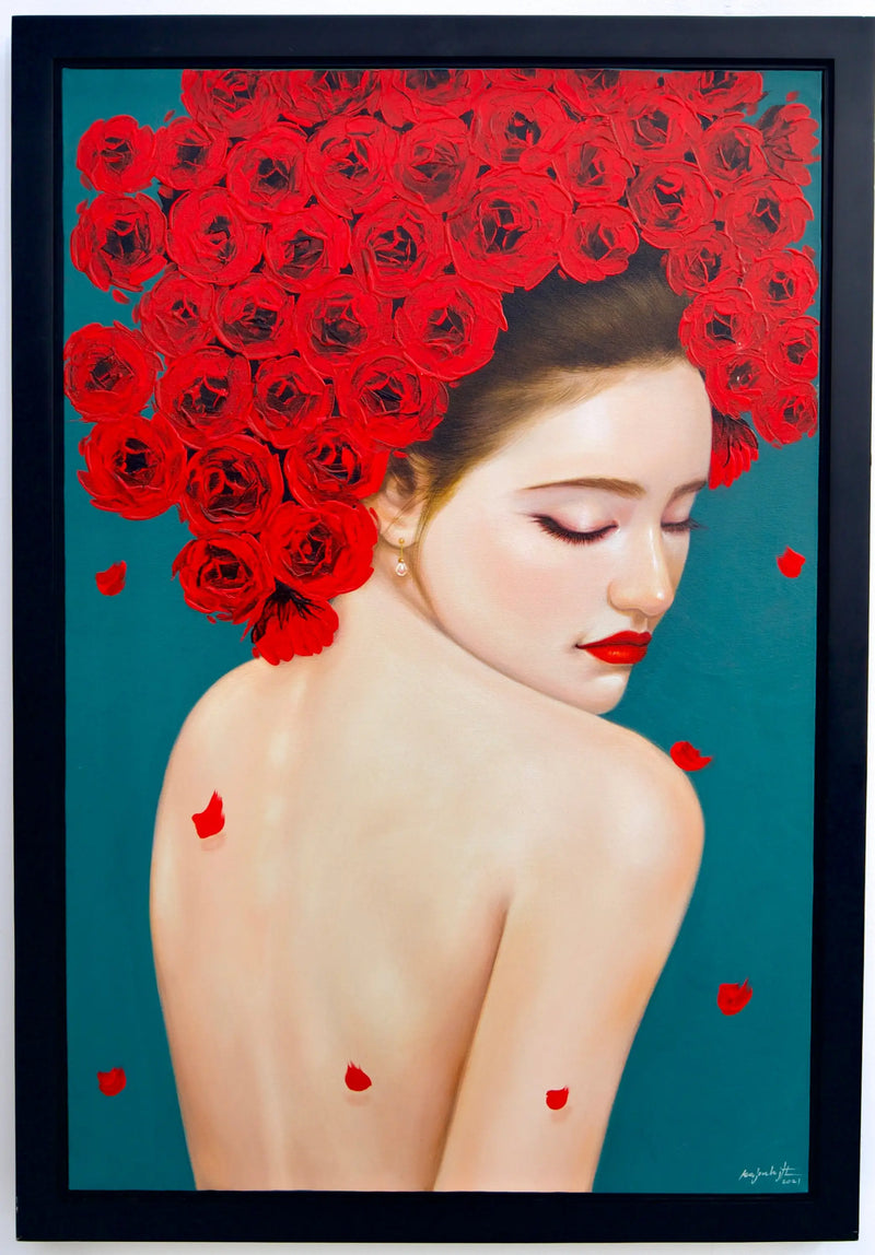 Zarte Frau mit Rosen | 60 x 90 cm