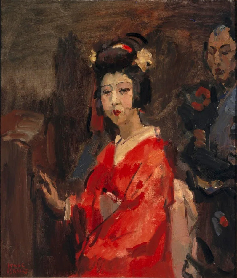 Japanische Frau in einem roten Kimono - Isaac Israel