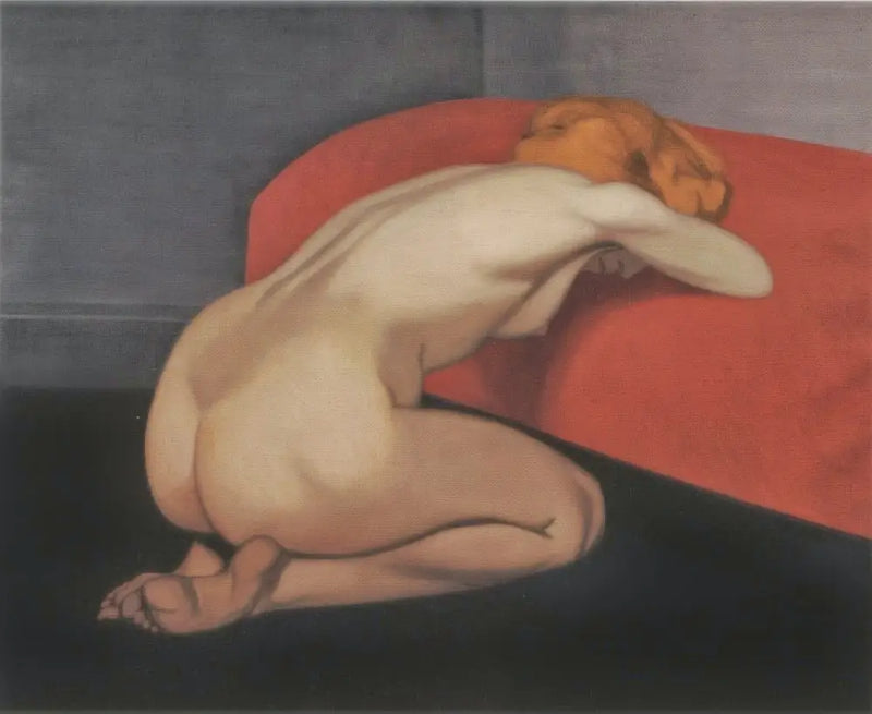 Nackte Frau kniend vor einem roten Sofa - Félix Vallotton