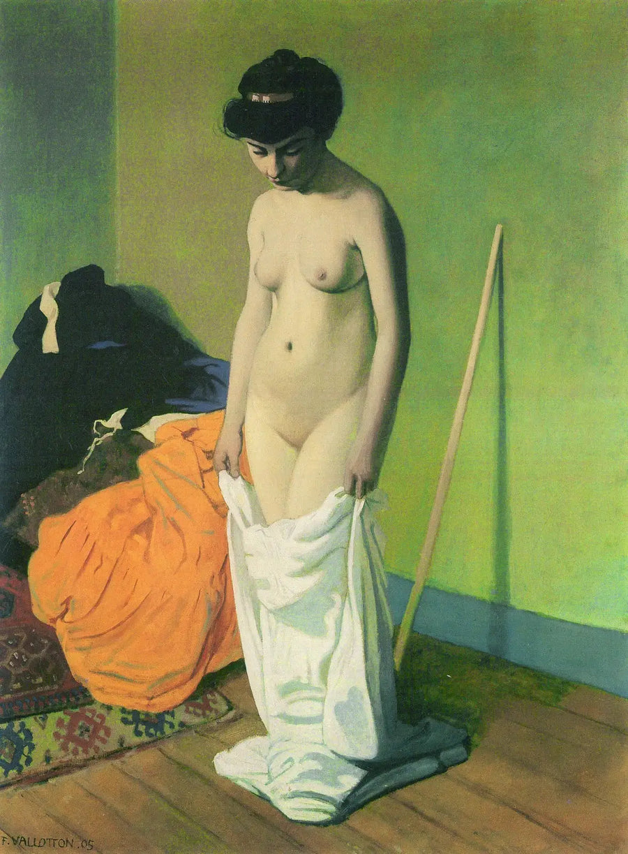 Nackte Frau stehend, hält ihr Hemd mit beiden Händen - Félix Vallotton