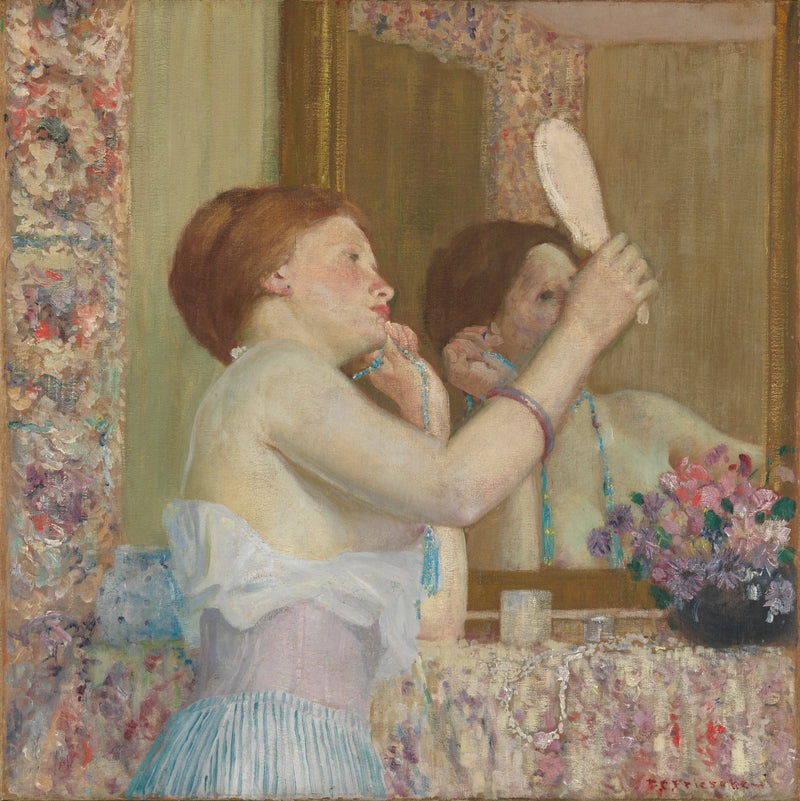 Frau, die sich im Spiegel betrachtet - Frederick Carl Frieseke