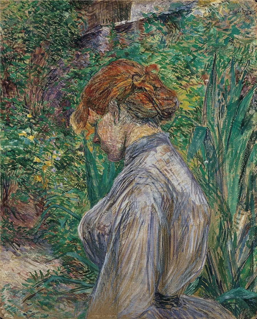 Rote Frau, die im Garten von M. Forest sitzt - Henri de Toulouse-Lautrec