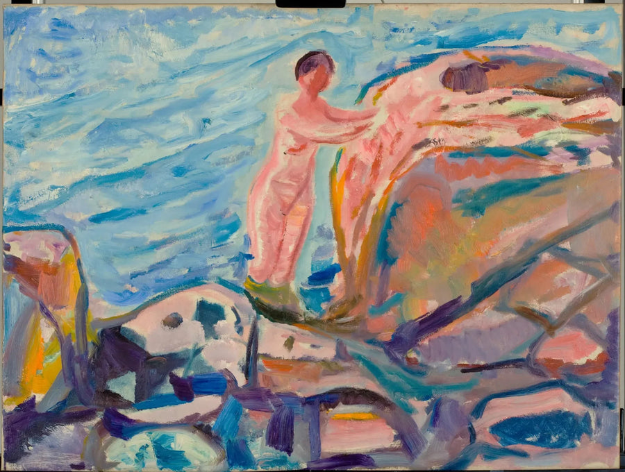 Frau, die sich in der Nähe einer roten Klippe badet - Edvard Munch