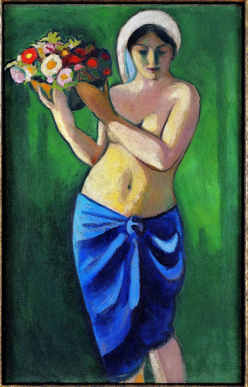 Frau, die eine Schüssel mit Blumen hält - August Macke