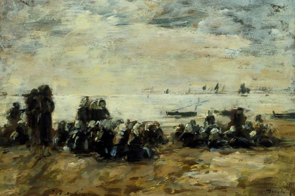 Femmes attendant les bateaux de pêche sur la plage de Berck - Eugène Boudin image 1 copie peinte à la main à l’huile