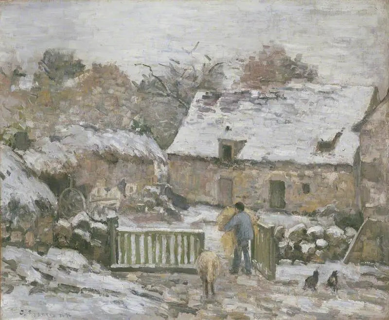 Bauernhof in Montfoucault, Schneeeffekt - Camille Pissarro