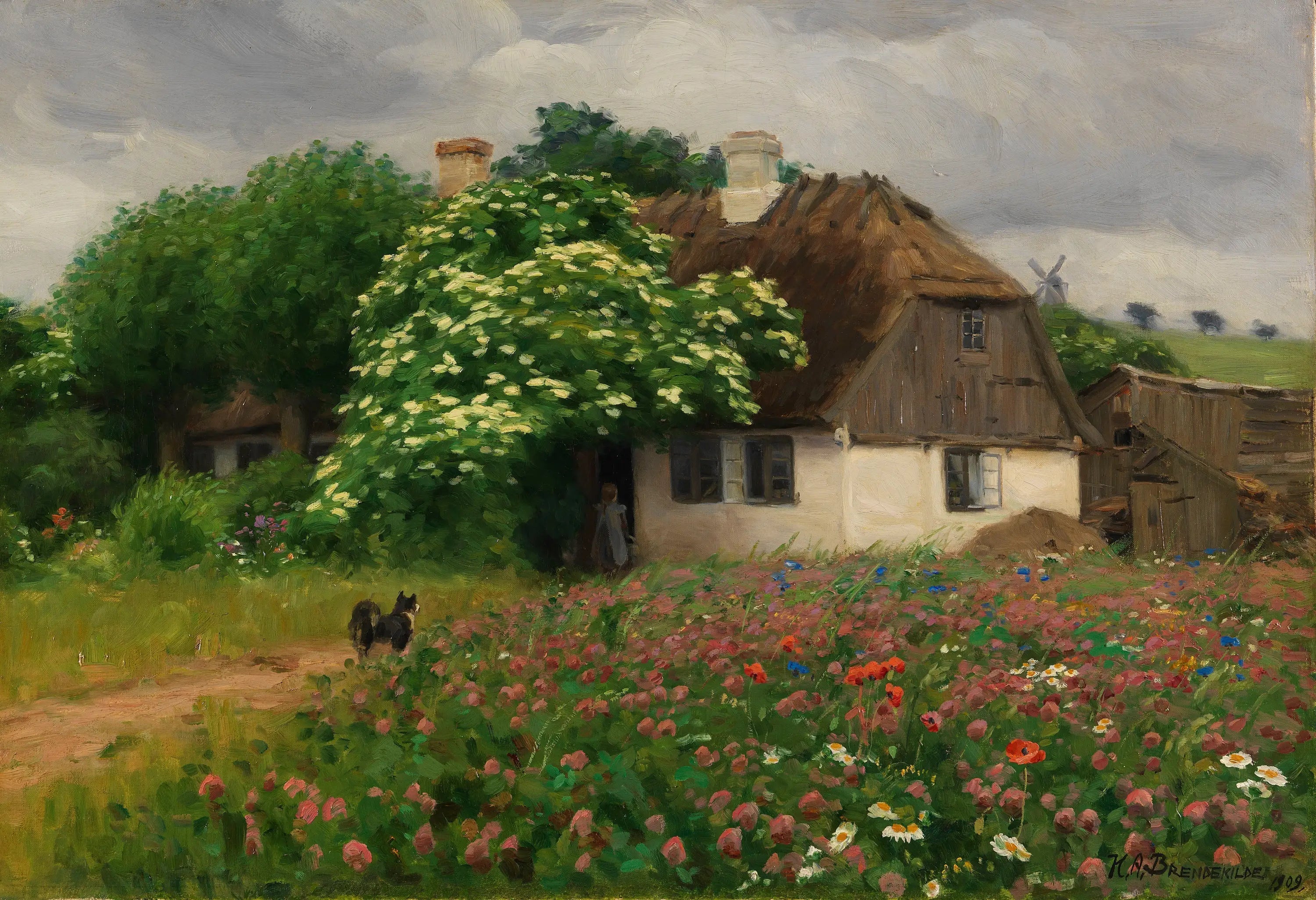 Ferme avec des fleurs des prés - H. A. Brendekilde image 1 reproduction de peinture à l’huile