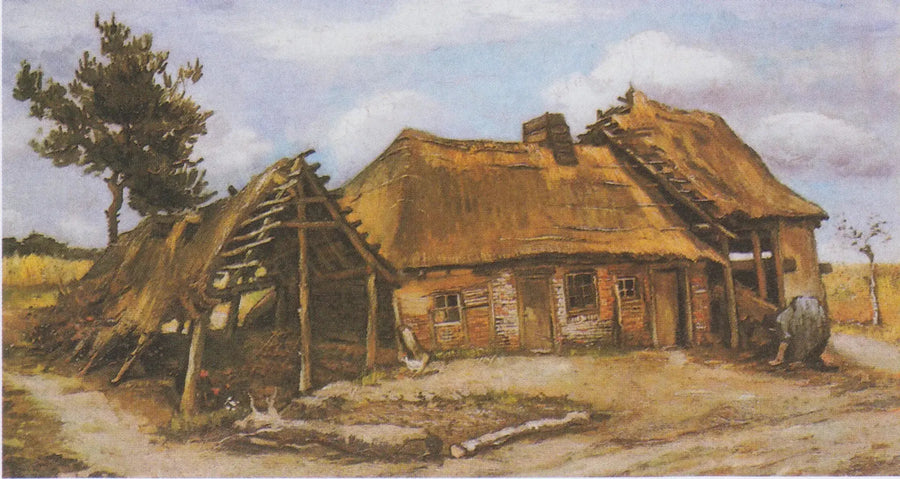 Bauernhof mit einer gebeugten Bäuerin im blauen Kleid - Vincent van Gogh